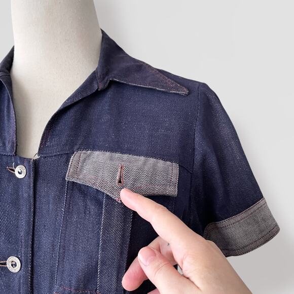 Vintage Utility Denim Jean Jacket Short Sleeve O/S Blue Navy Festival Grunge Y2K - Picture 9 of 10